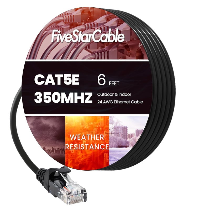FiveStarCable Cat5e Ethernet Cable 6 Feet Black, High-Speed Patch Cable, RJ45 Network LAN Cable, Gigabit Internet Cord for Router, Modem, PC, Gaming, Smart TV - Image 1